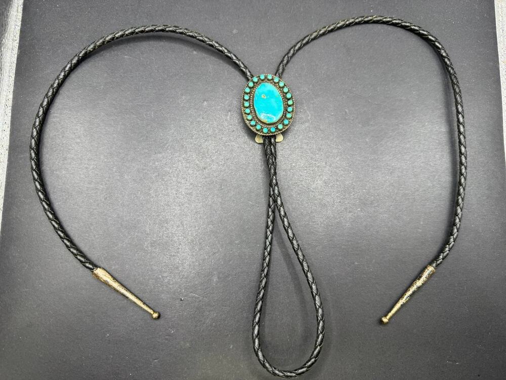 Signed Marie Basselente Bolo Tie Turquoise Stone Black Braided Leather Cord